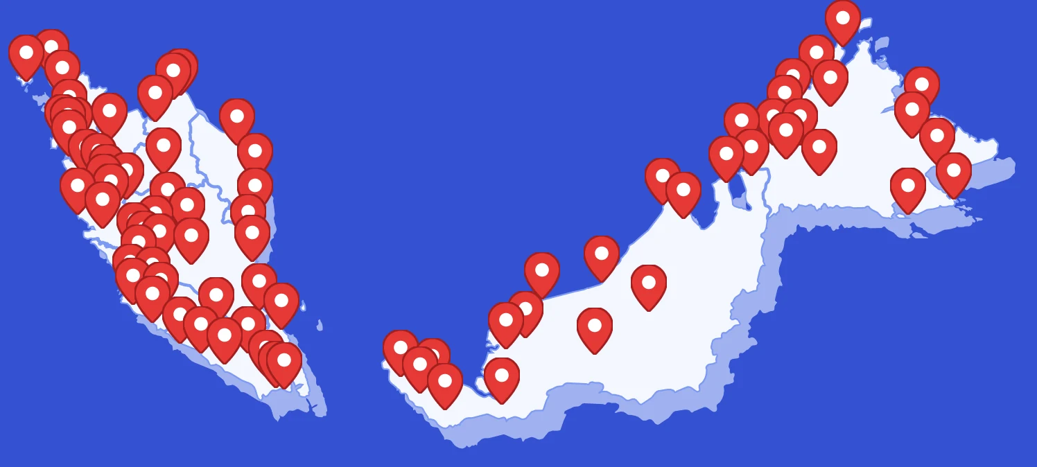 Map of Malaysia with OceanRise outlet locations